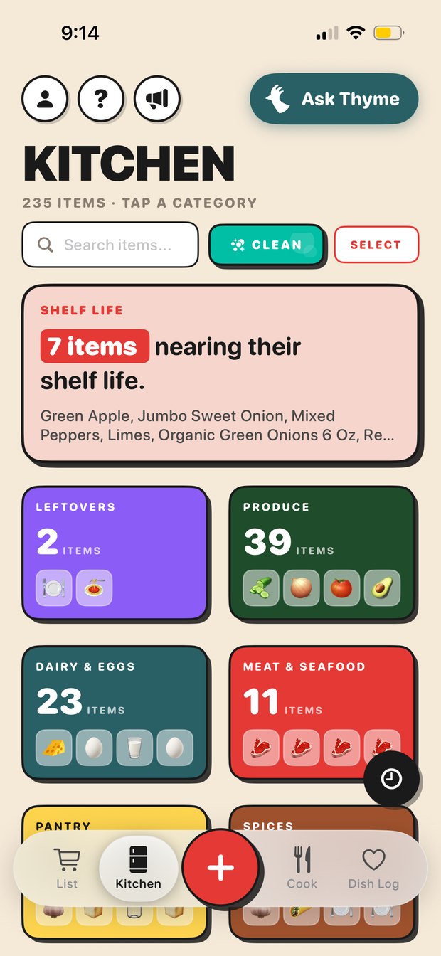 The Trepo kitchen view on a phone, showing what food is in the house by category