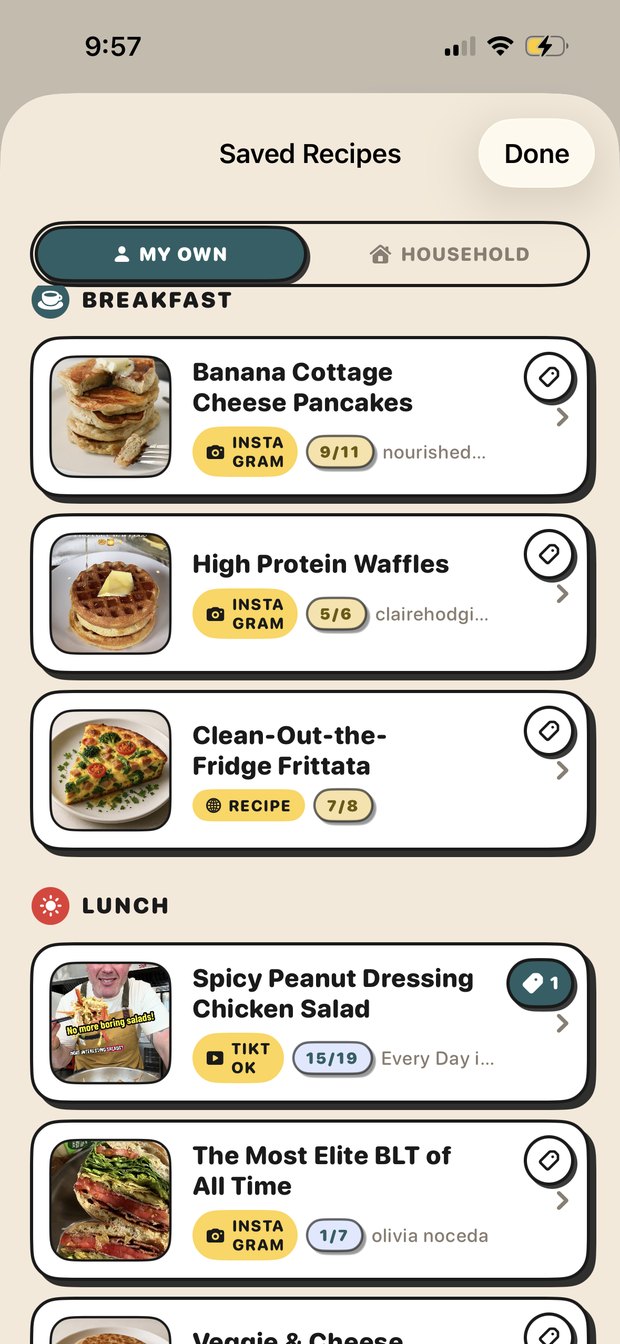 Saved recipes in Trepo with ingredient match counts